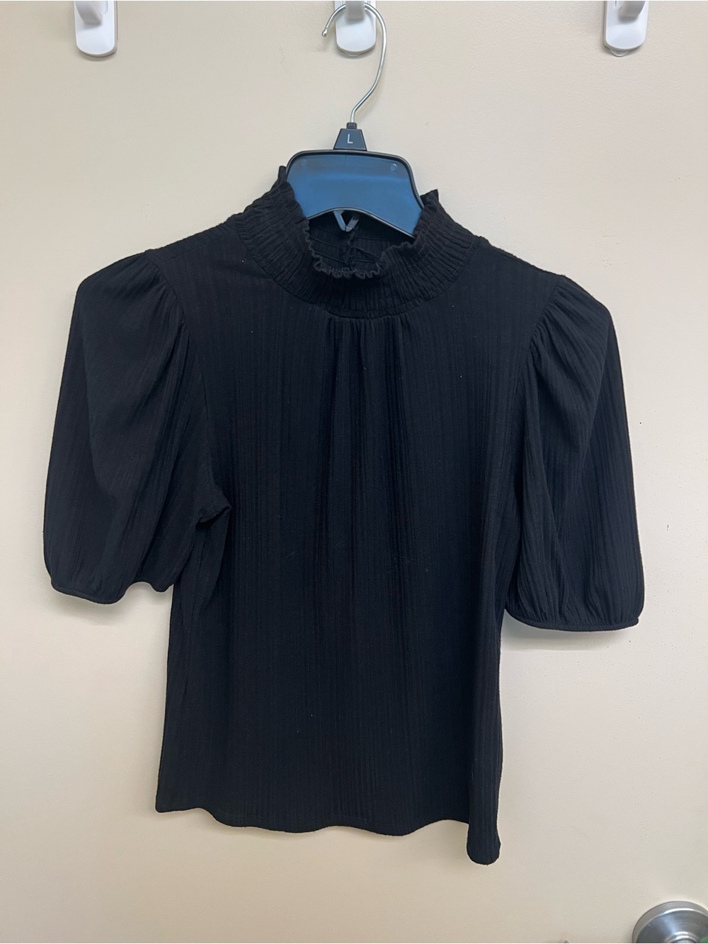 W5 Black Puff Sleeve Ruffle Mock Neck Top